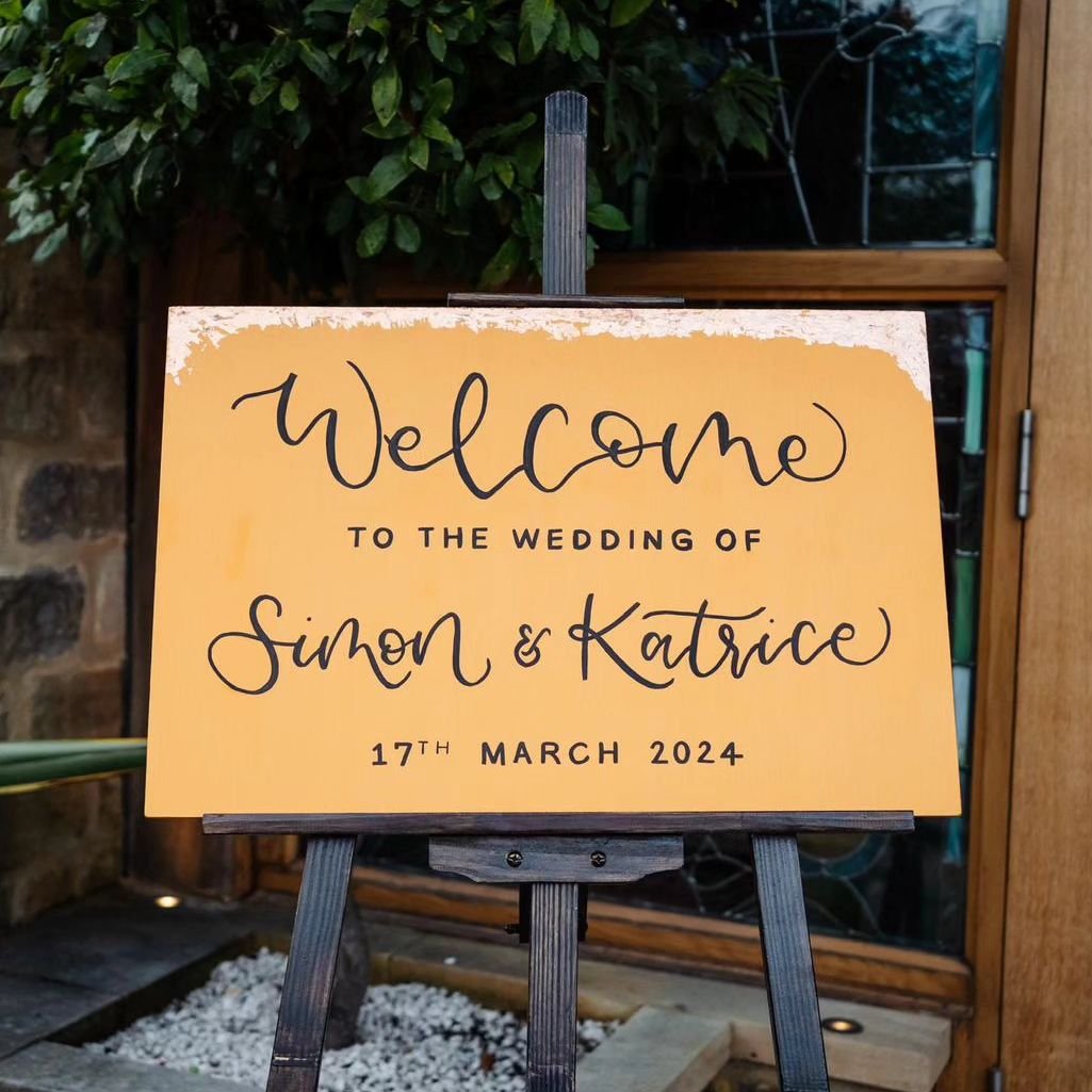 The welcome sign ~ stand out with a handpainted sign, any colour of your choice. S&amp;K chose valspar &quot;sweet potato surprise,&quot; which looked awesome! 

@katriceb4 
@manorhouselindley 
@georgiebeckphoto

#manorhouselindley #manorhousewedding