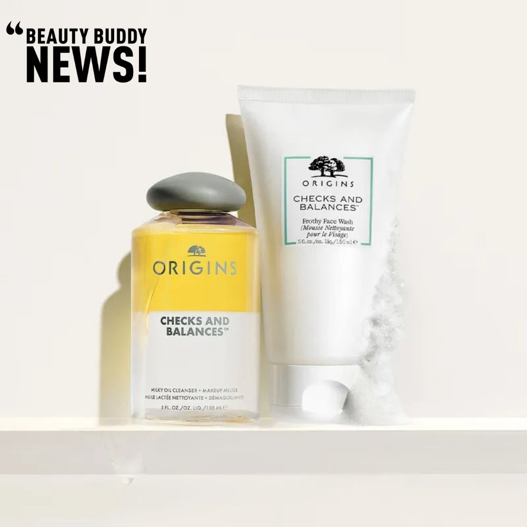 @origins' double cleansing routine features Checks and Balances&trade; Milky Oil Cleanser ($45 CAD) and Checks and Balances Frothy Face Wash ($39 CAD). The Milky Oil Cleanser melts away makeup with rice and almond oil, while the Frothy Face Wash puri