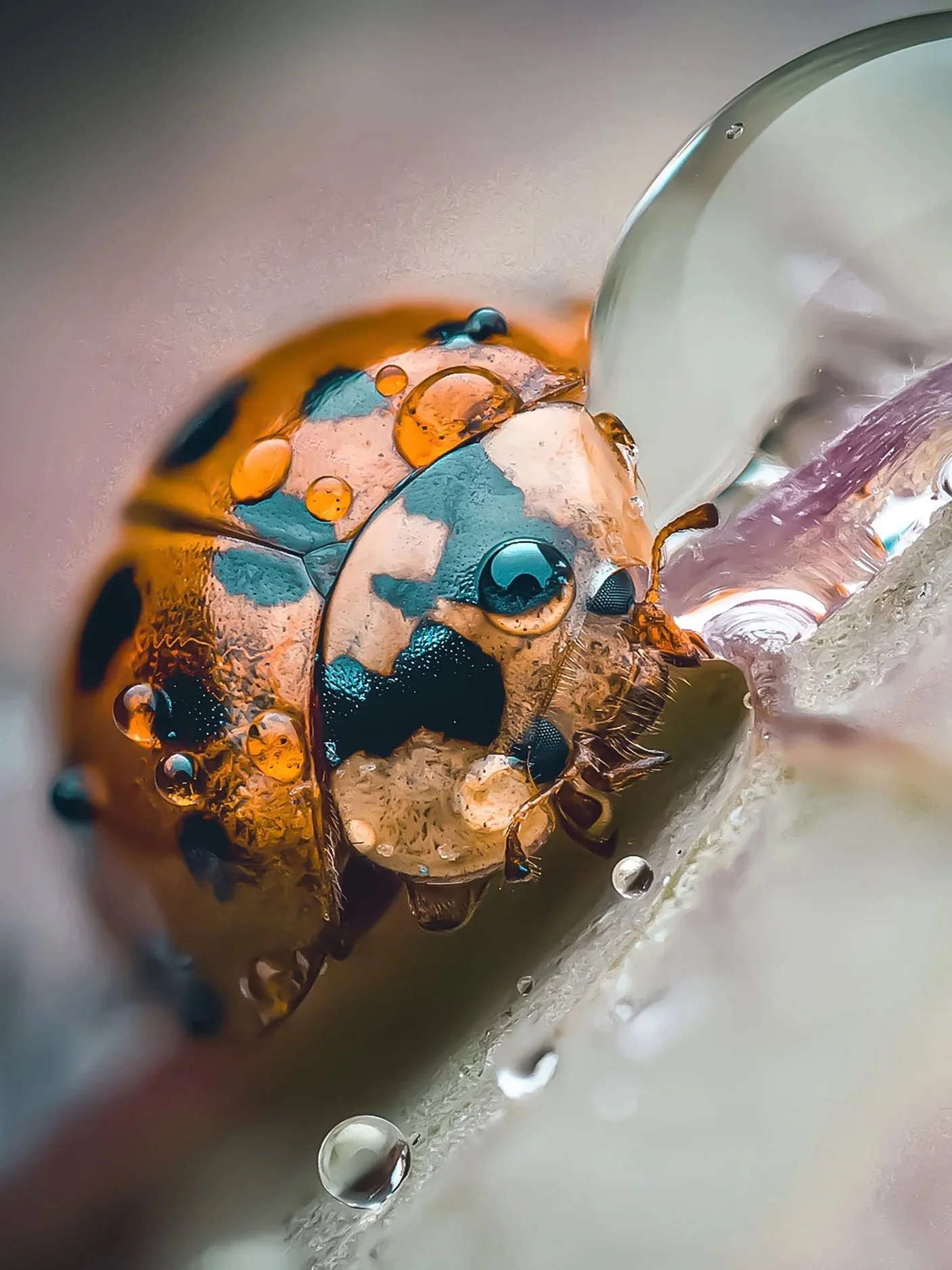 Close-up of a ladybug on a surface, with water droplets and a liquid being poured nearby.