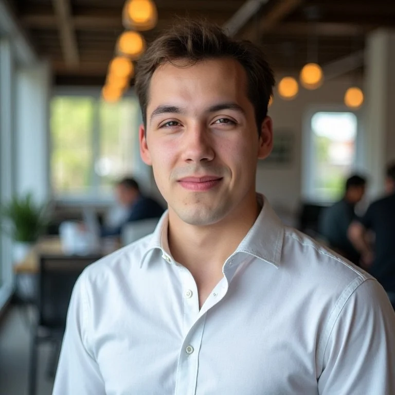 Yurick, BDR Manager at Lead Prospect, in a white dress shirt smiling in a modern, well-lit office or coworking space with blurred background.