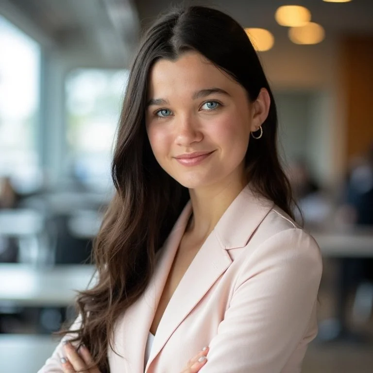 Eva, Lead Propsect Operations and HR Manager, with long dark hair, blue eyes, and light skin, smiling in an indoor setting with natural light and blurred background.