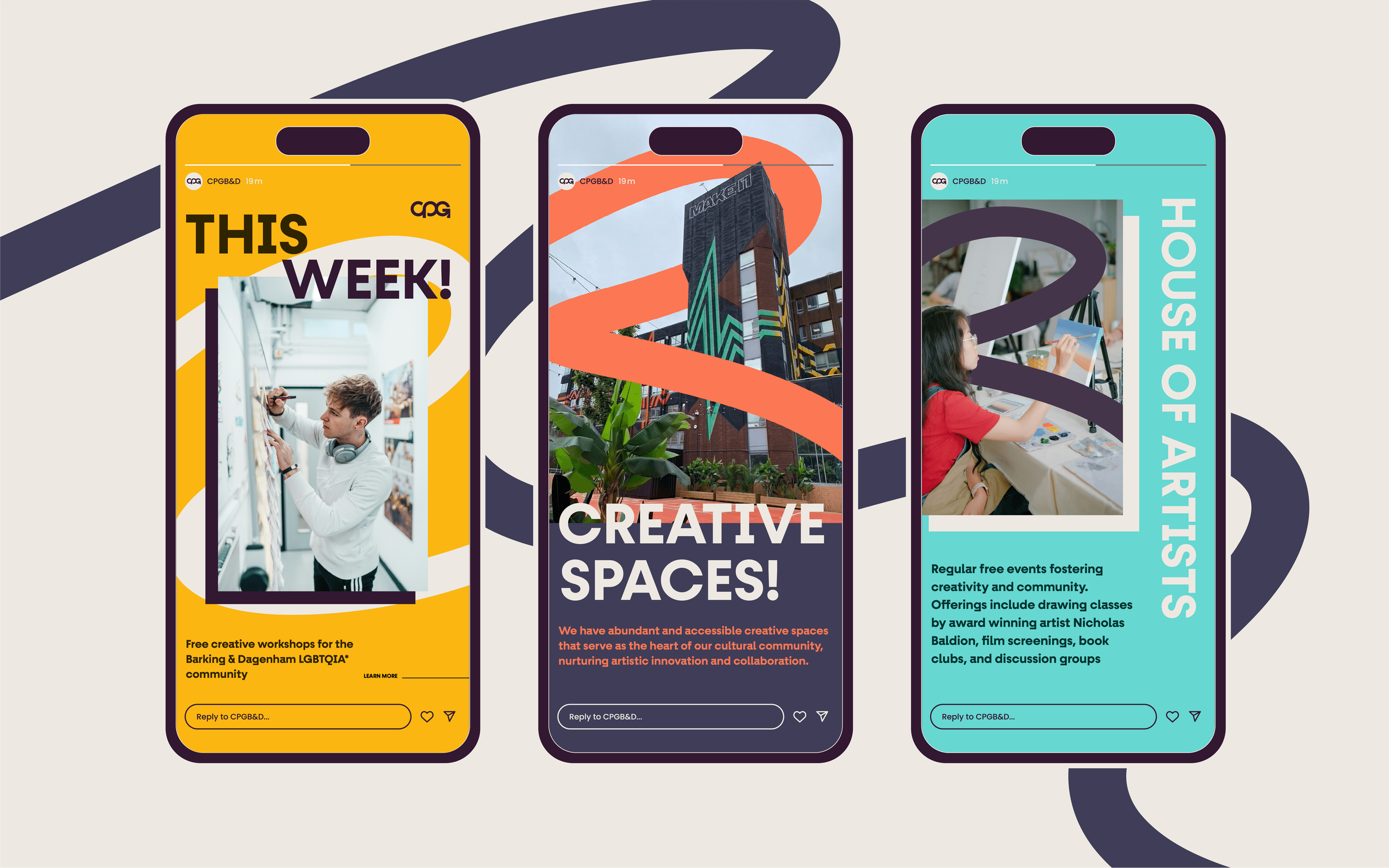 CPG social media assets. Showing 3 different Instagram story designs promoting different events within the CPG space