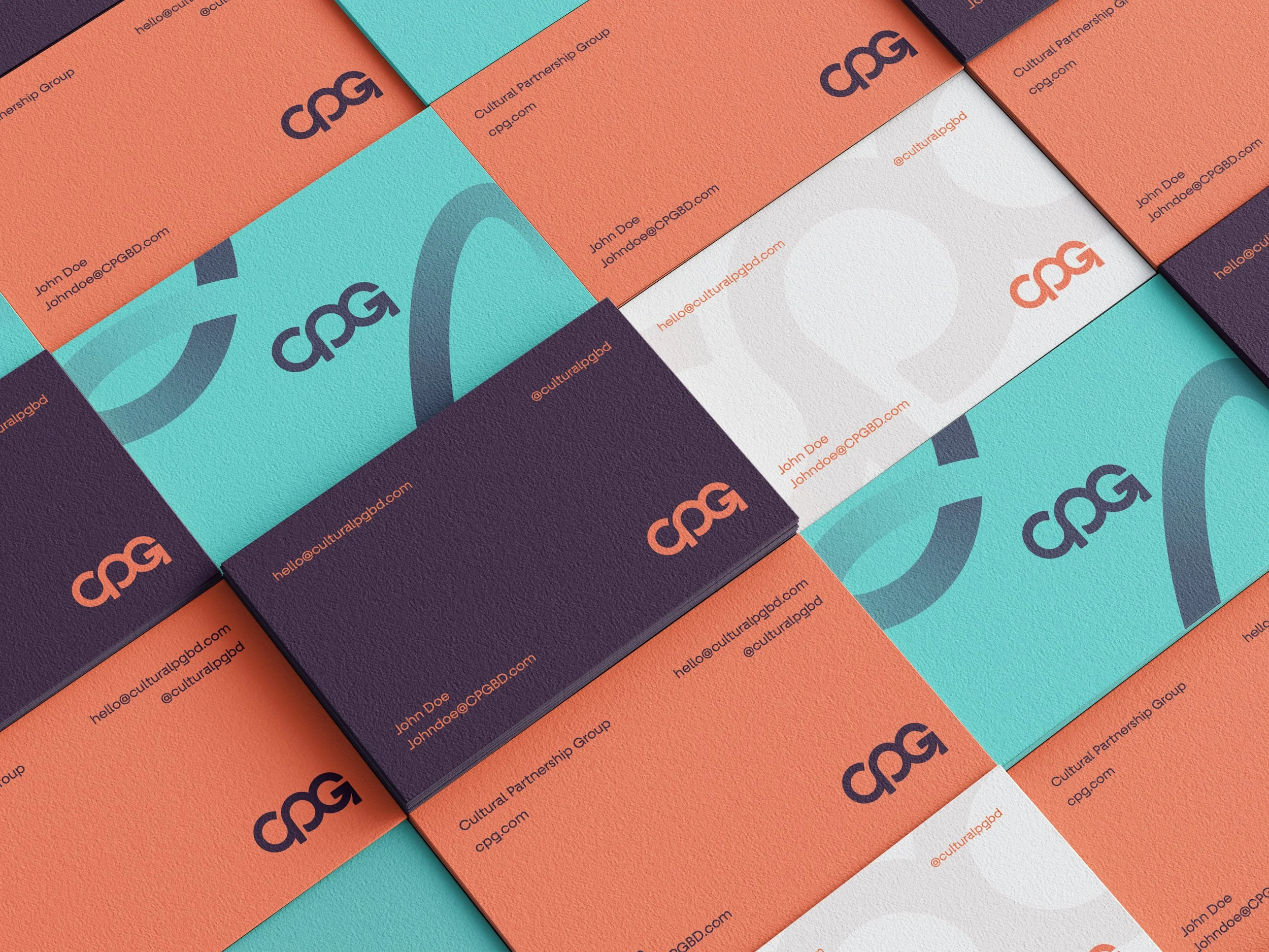 CPG business card collection. Showing a variety of different card designs, placed together to create a pattern