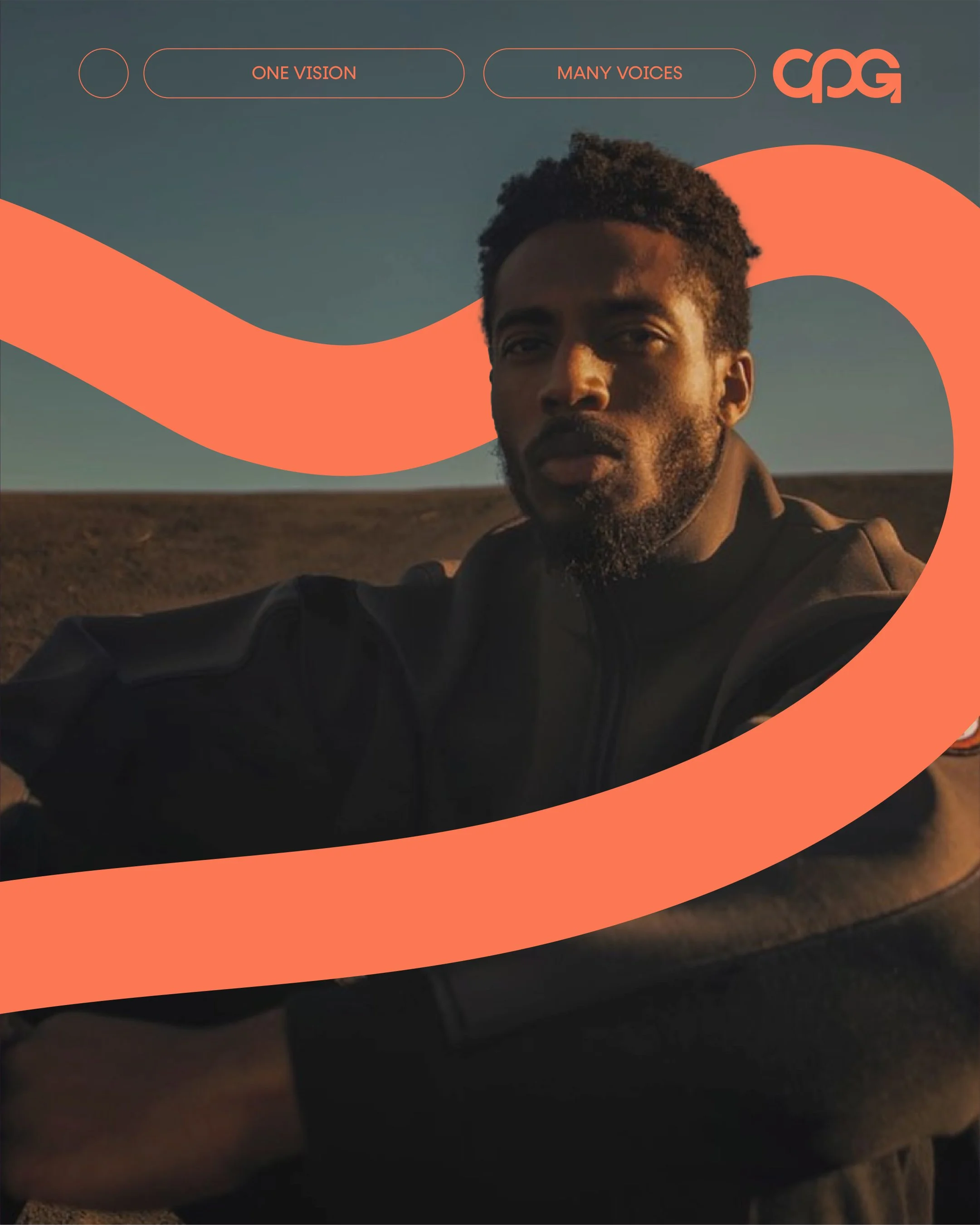 Person sitting looking at the camera with a orange stroke flowing through the image