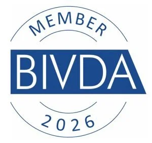 Close-up of a blue and white BIVDA logo