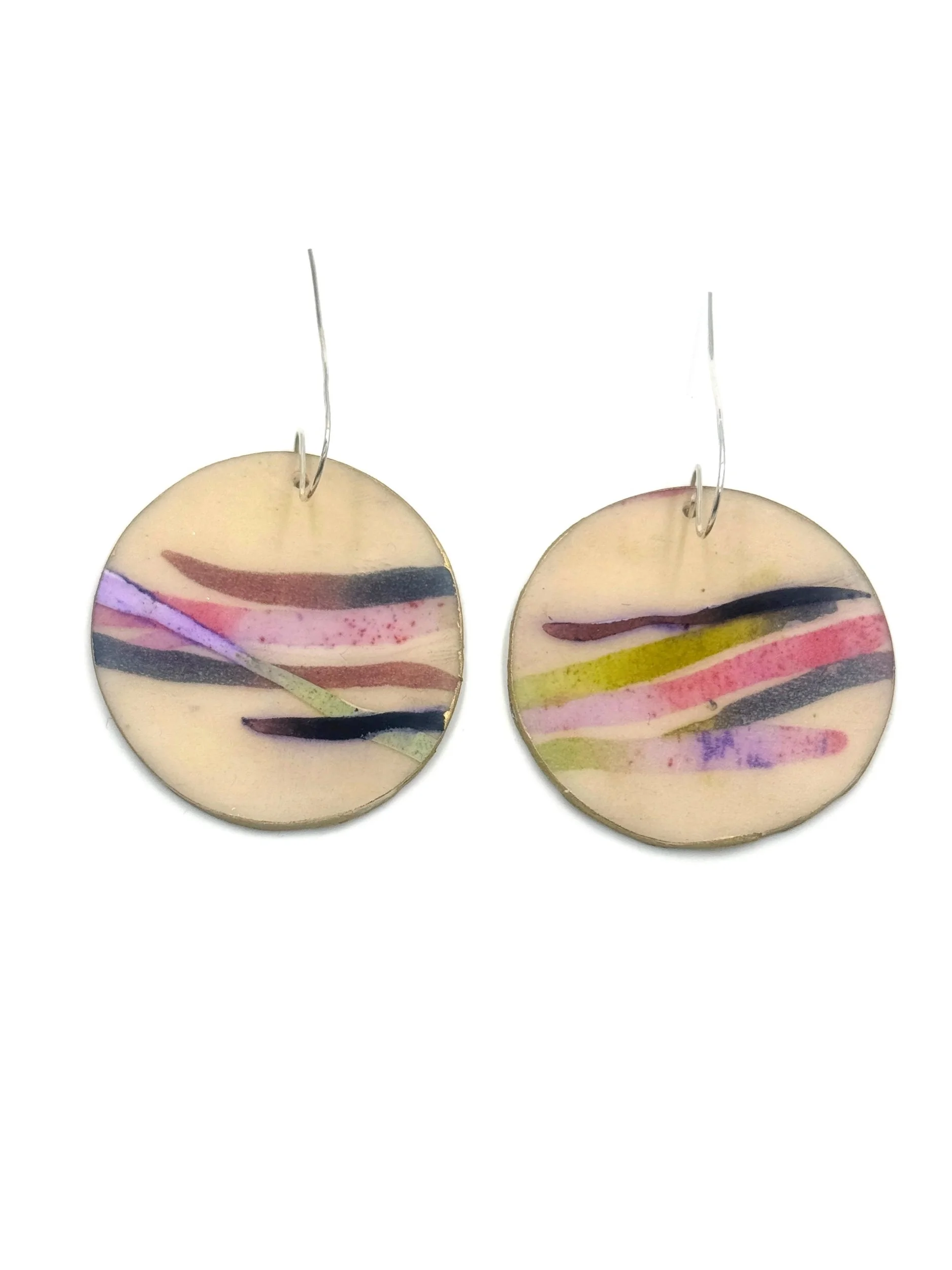 Handmade round polymer clay earrings in neutral tones of ecru, olive green, brown, black, and purple