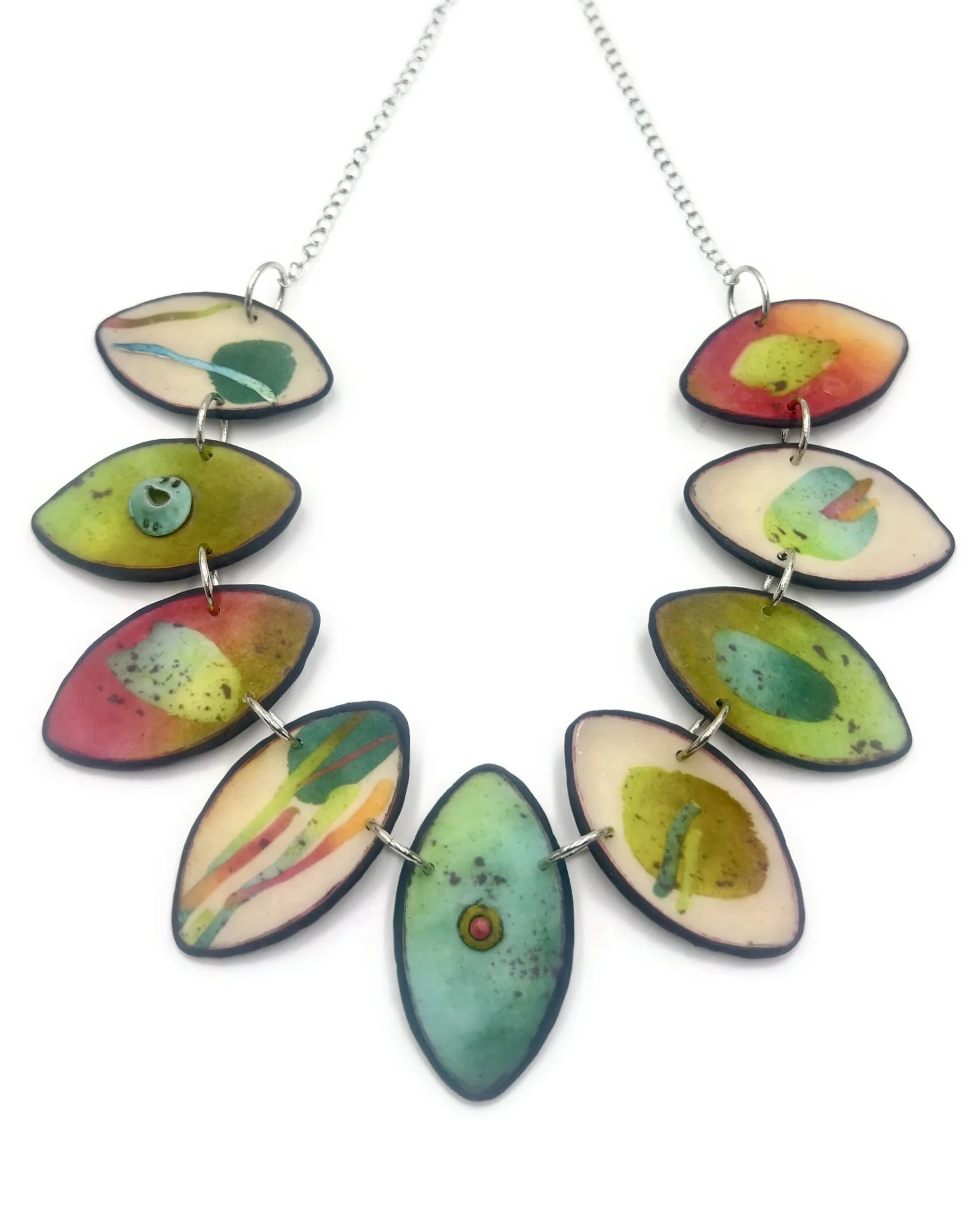 Handmade necklace with nine polymer clay oval elements in red, olive green, turquoise, and ecru – T-bar clasp, lightweight and sculptural