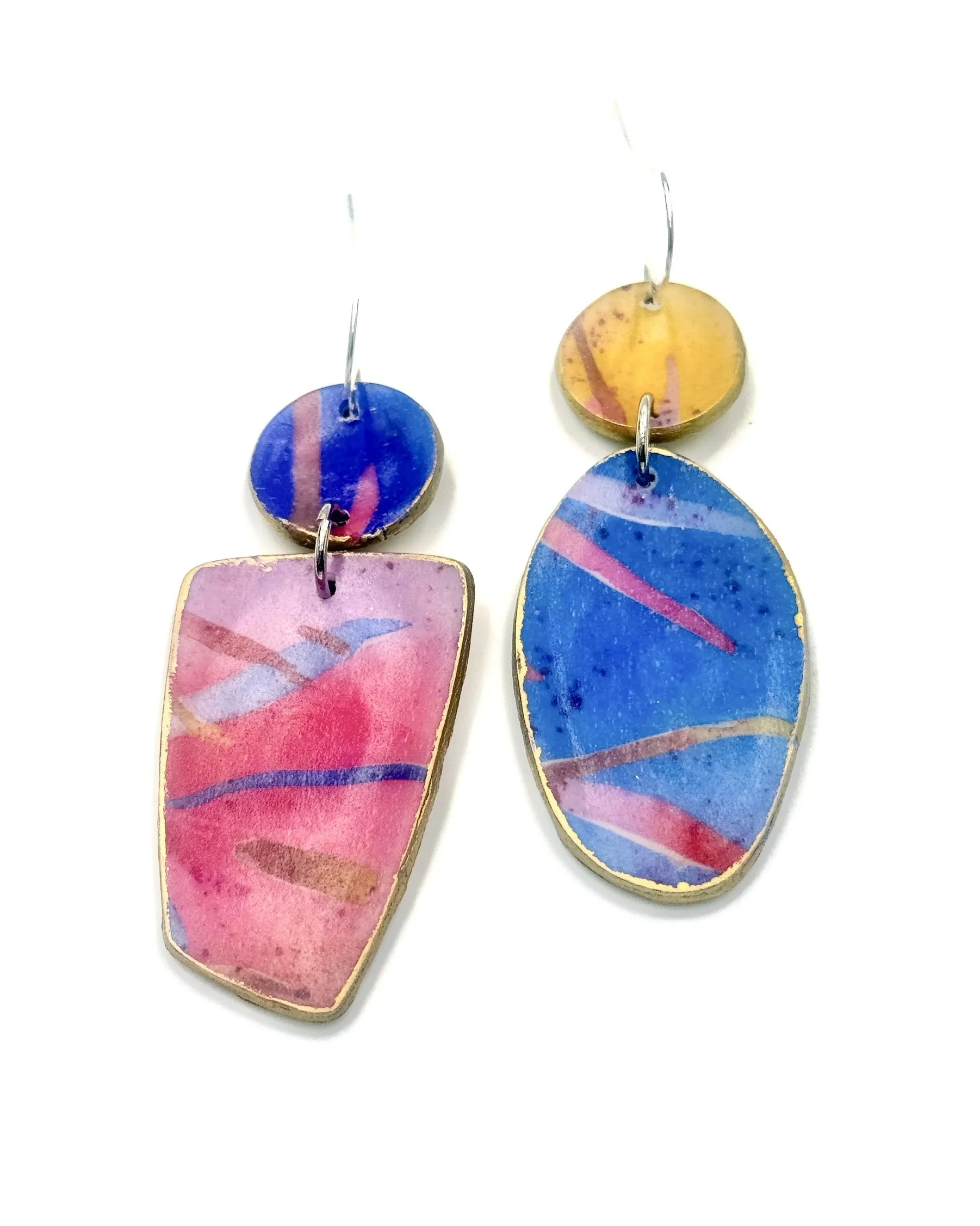 Handmade two-piece polymer clay earrings in pink, blue, and mustard with organic shapes – lightweight and one of a kind