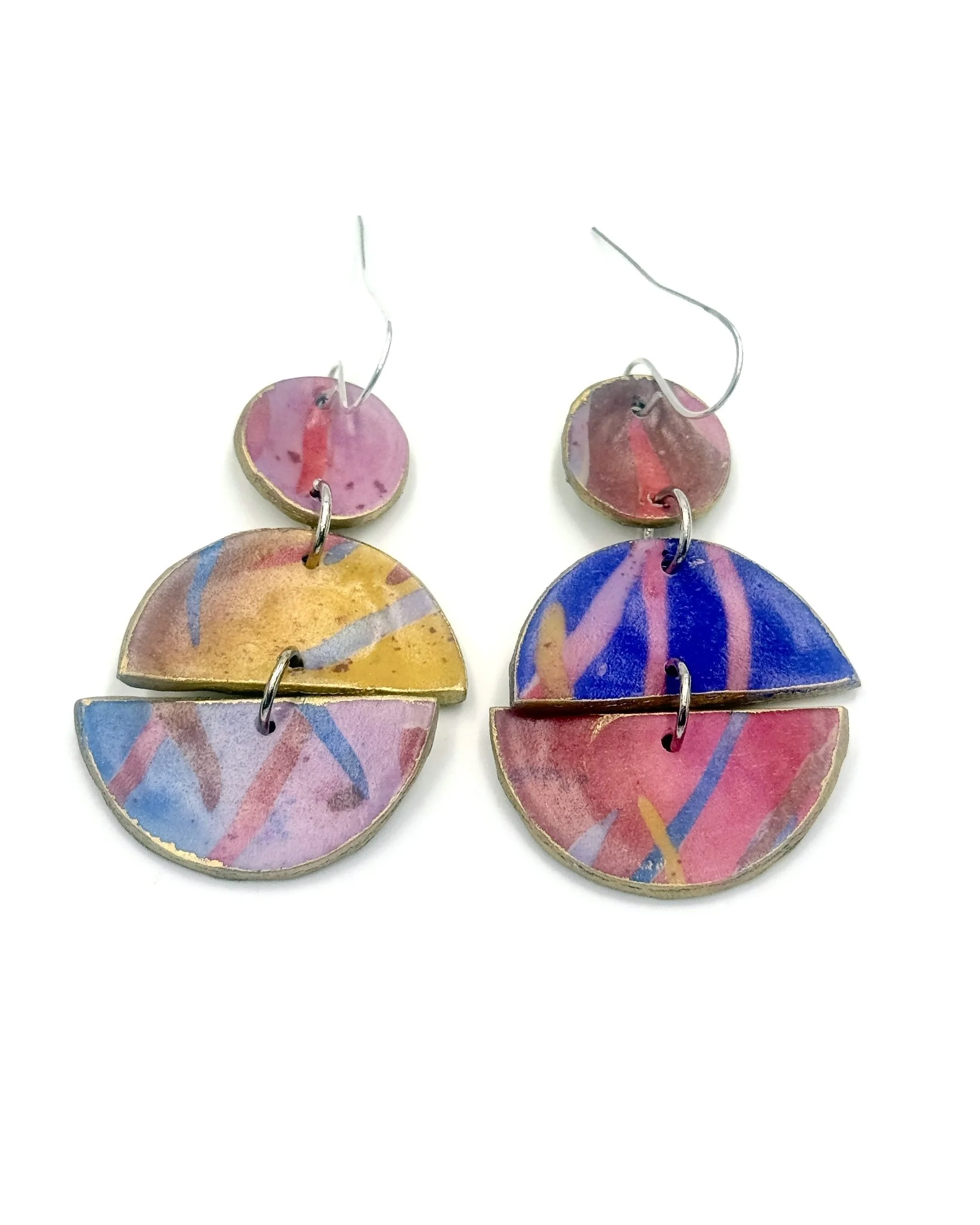 Handmade three-piece sculptural earrings in pastel tones of pink, blue, mustard, and purple – lightweight and distinct