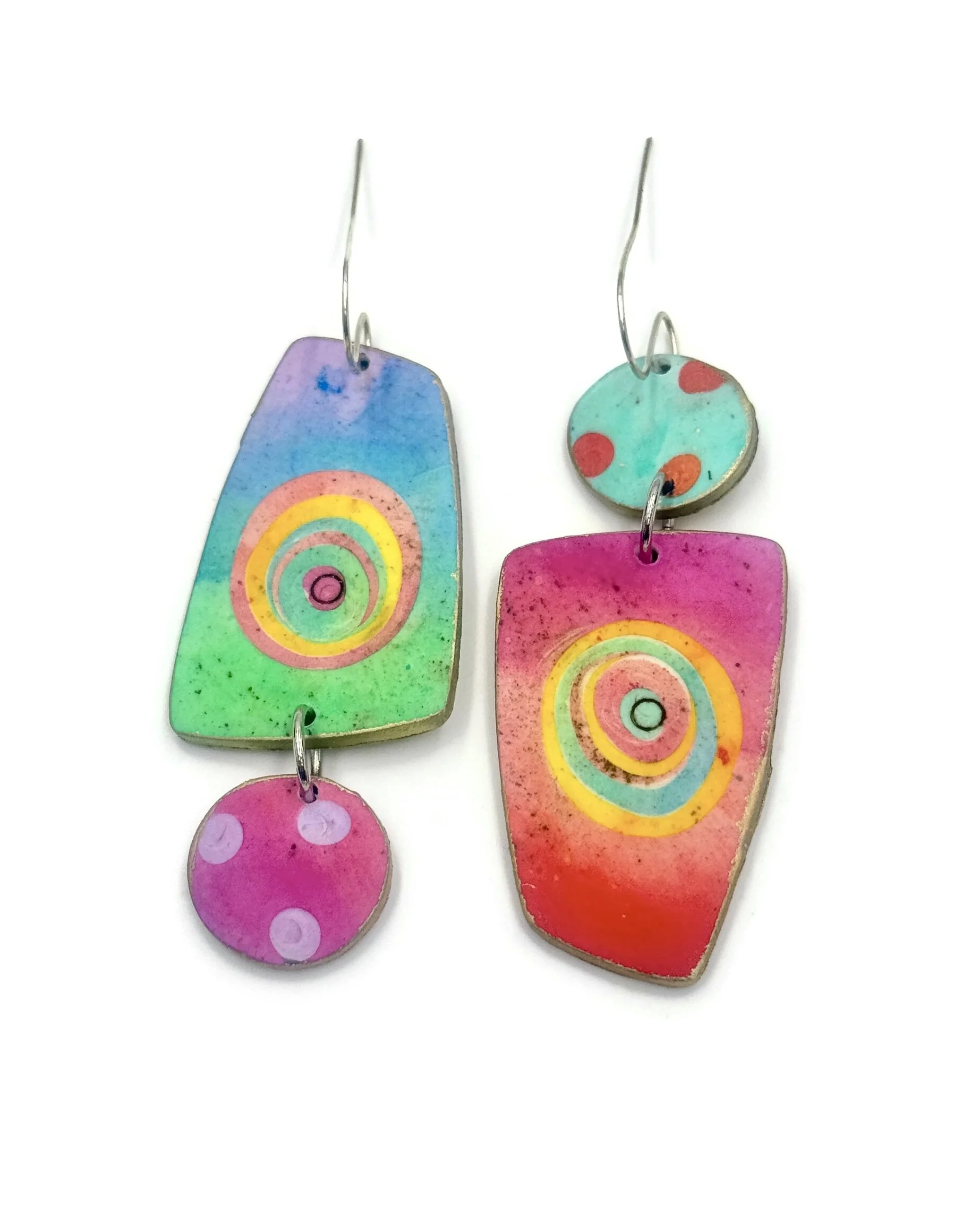 Handmade colorful drop earrings with abstract circles and dots in pink, yellow, turquoise and green