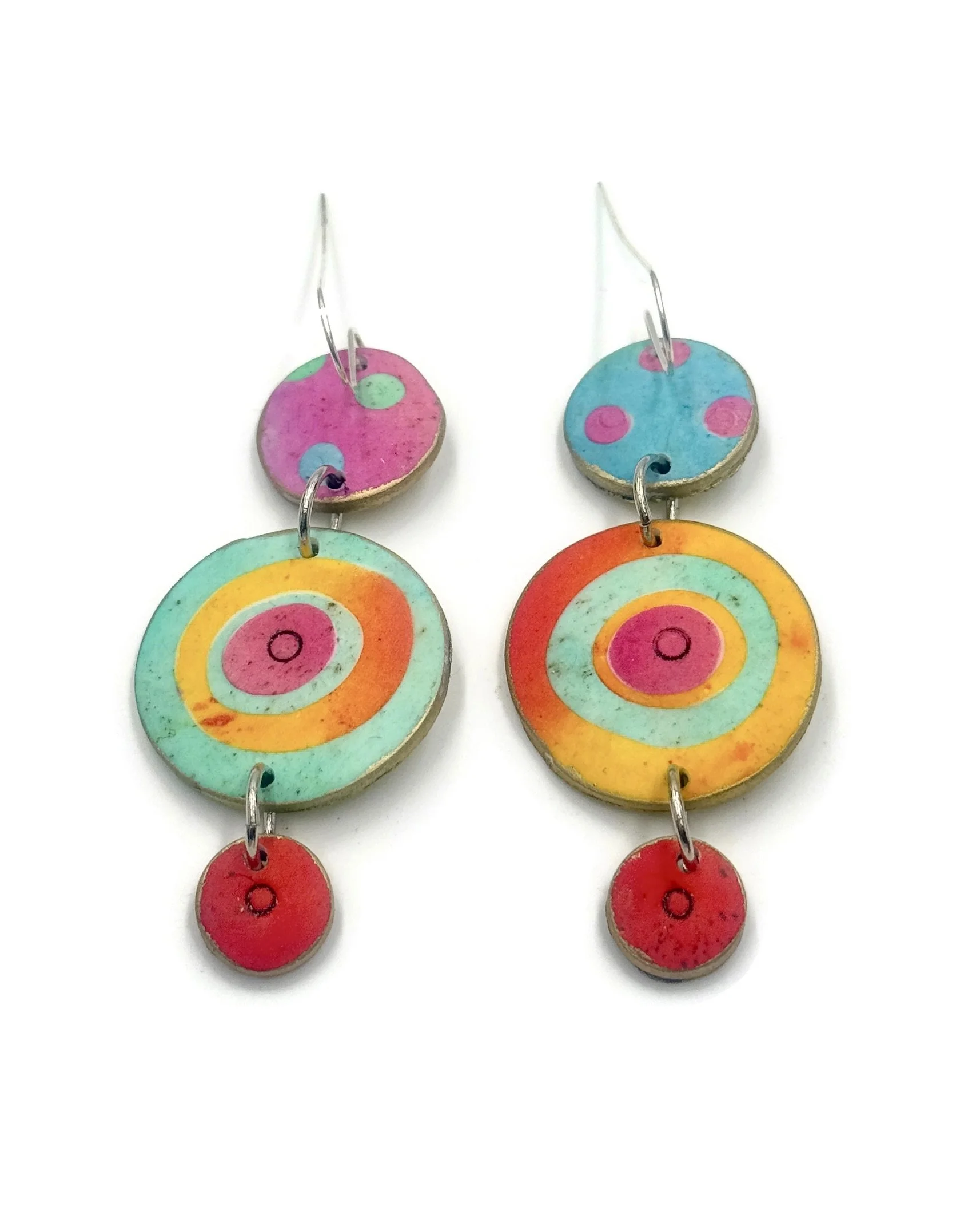 Handmade colorful drop earrings in layered circle shapes. Bold, lightweight, and unique. Drop 3.15 in.