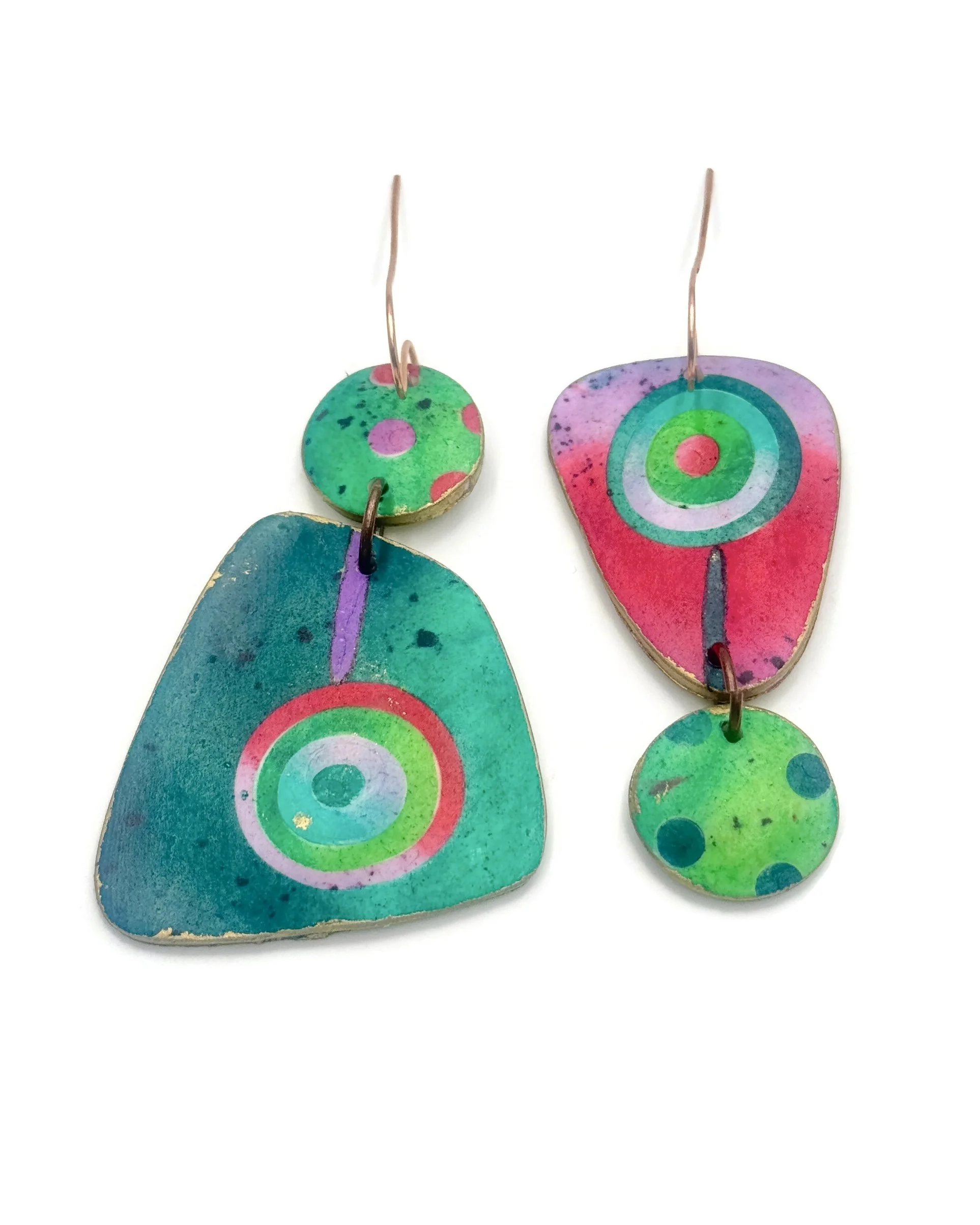 Handmade circle drop earrings in green and pink with graphic rings and copper ear wires – lightweight and colorful