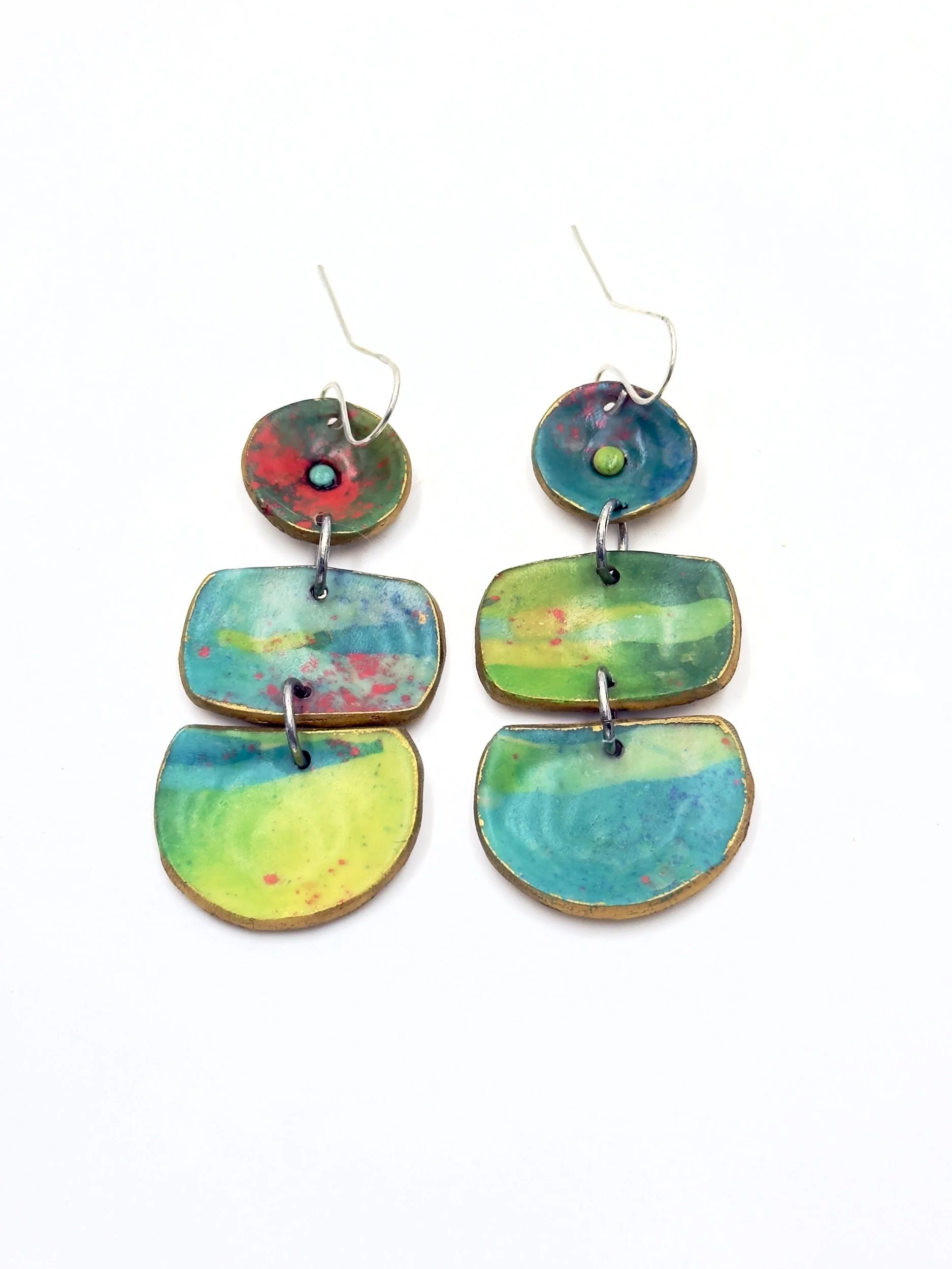 Handmade layered drop earrings in green and turquoise with soft red accents and organic shapes