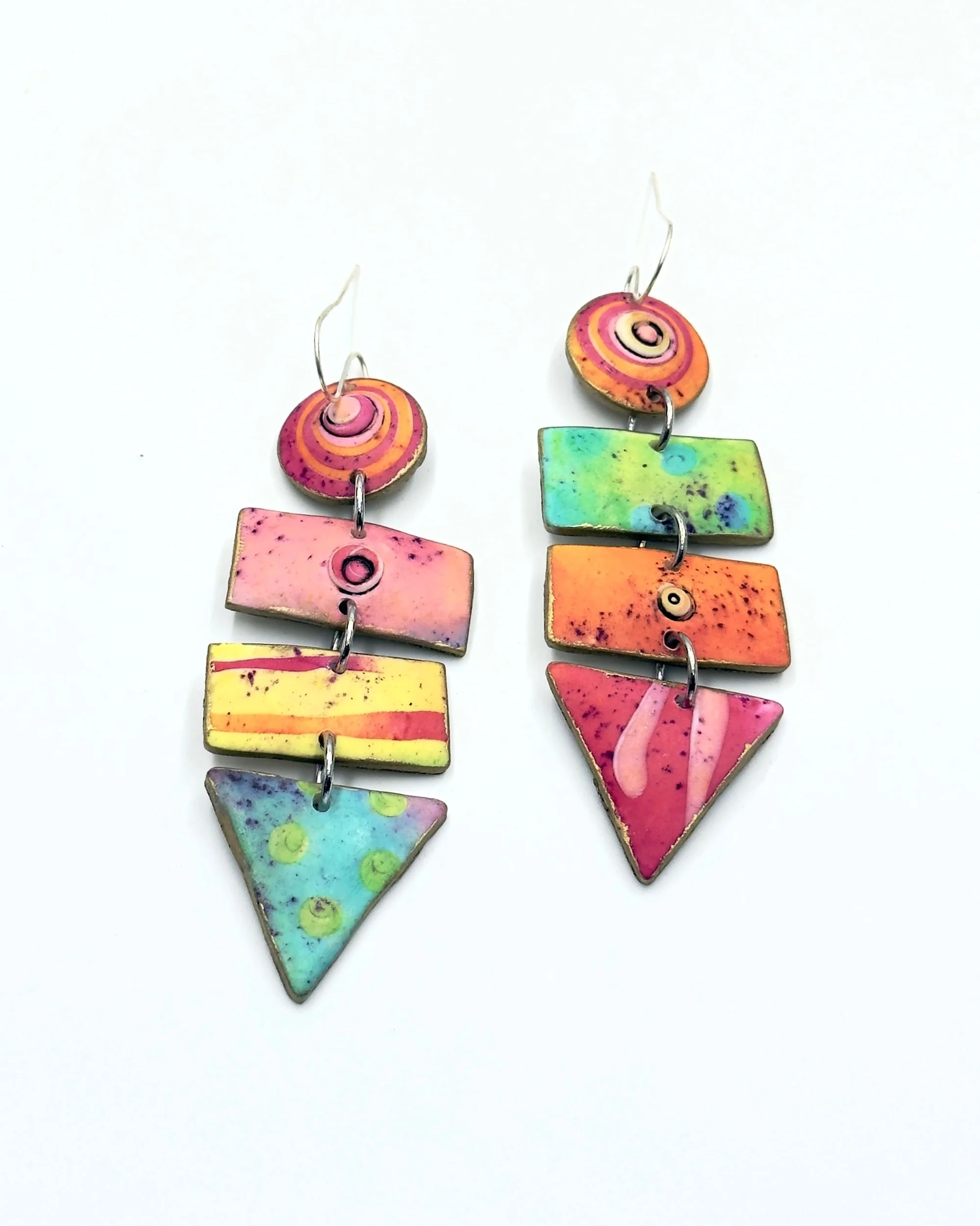 Handmade colorful geometric drop earrings with stacked shapes in pink, yellow, turquoise and green