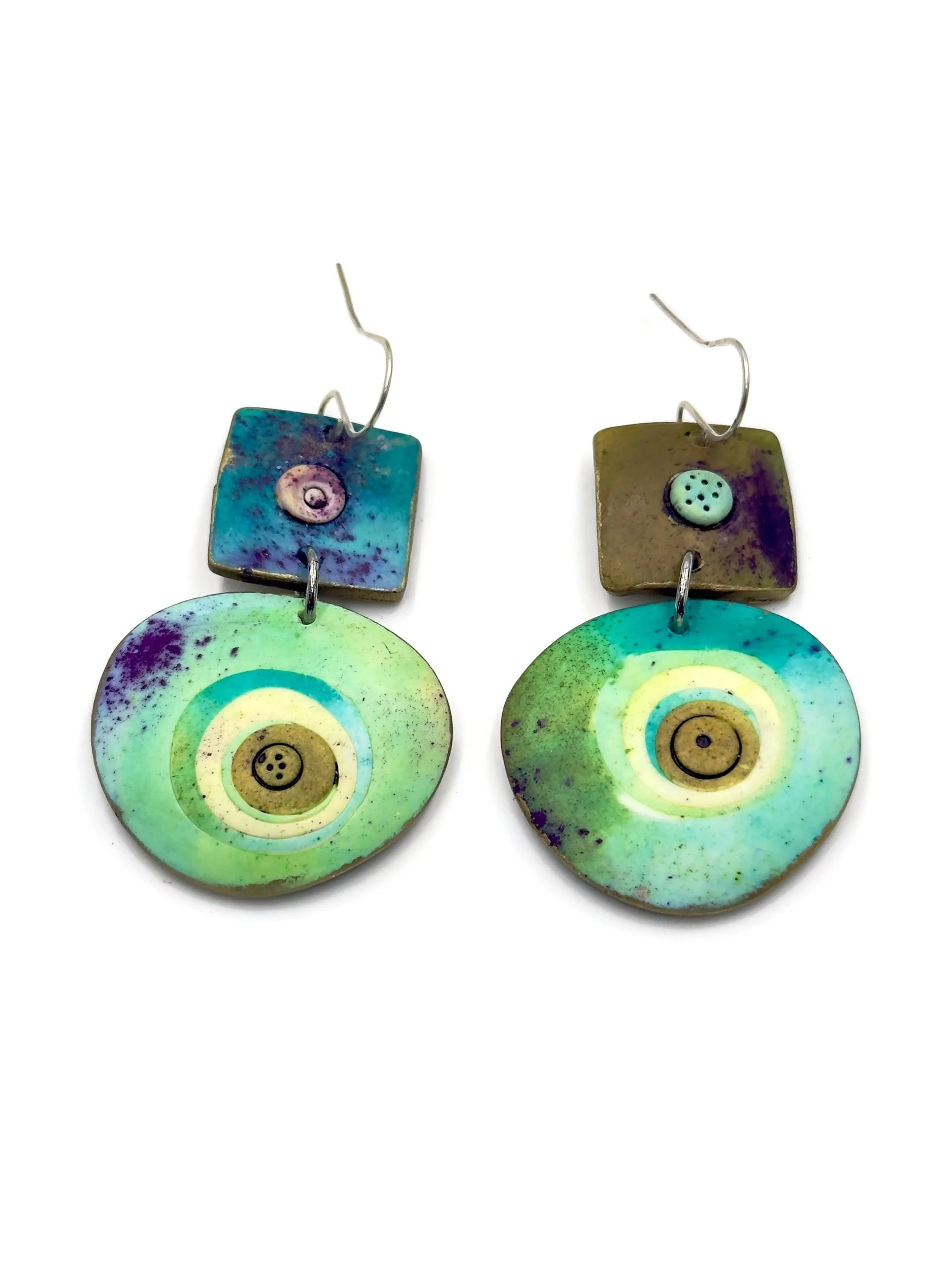 Handmade drop earrings with circular patterns in green and turquoise tones with square top elements