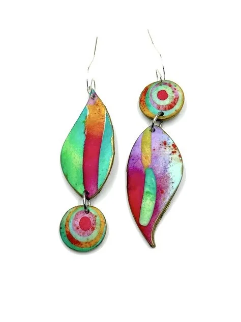 Handmade abstract leaf earrings with organic shapes and vibrant color blends