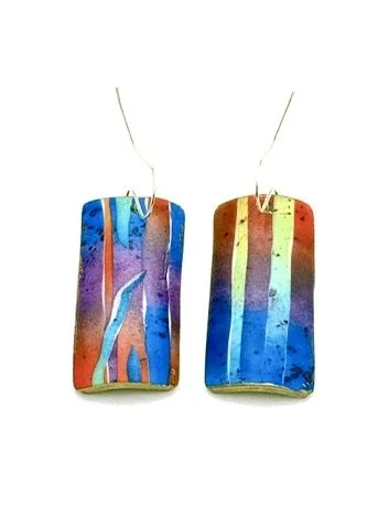 Handmade rectangle earrings with colorful stripe patterns in blue, red, and purple tones