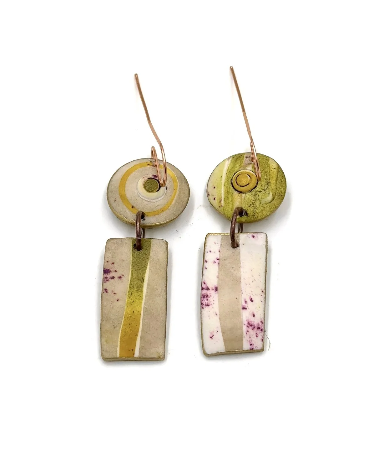 Handmade rectangle earrings in olive green, cream, and mustard tones with minimal stripe details and painterly textures
