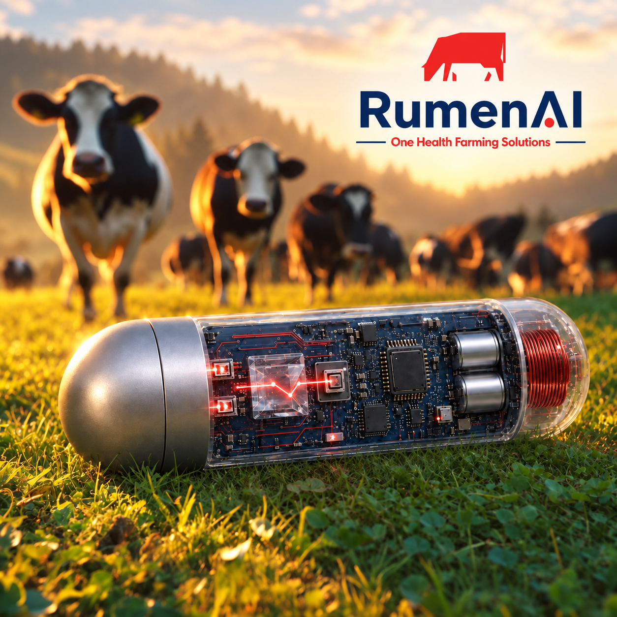 RumenAI rumen bolus concept with dairy cows in a pasture