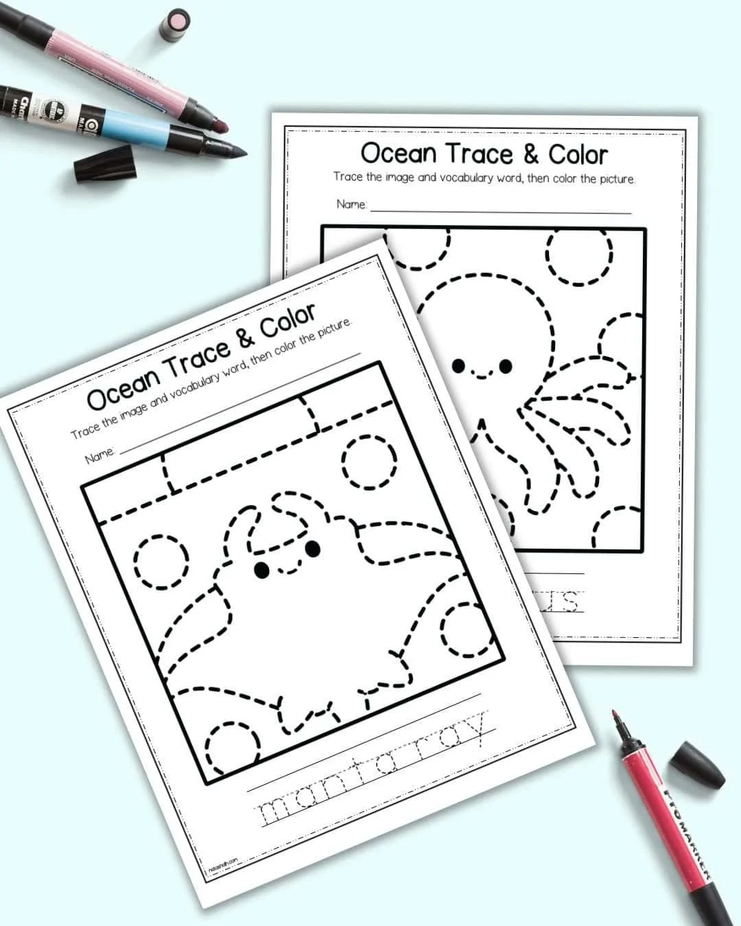 Ocean Animals Tracing and Coloring Pages