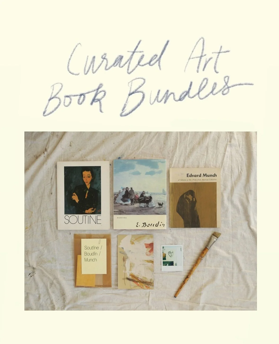 Book bundles for art lovers. Slowly curated with thoughtful design in mind. For you. &mdash; Saturday 9/6 at 12pm EST. 

Bundles include:
-  three vintage art books
-  one original work on paper
- one vintage artist paint brush
-  two vintage linen p