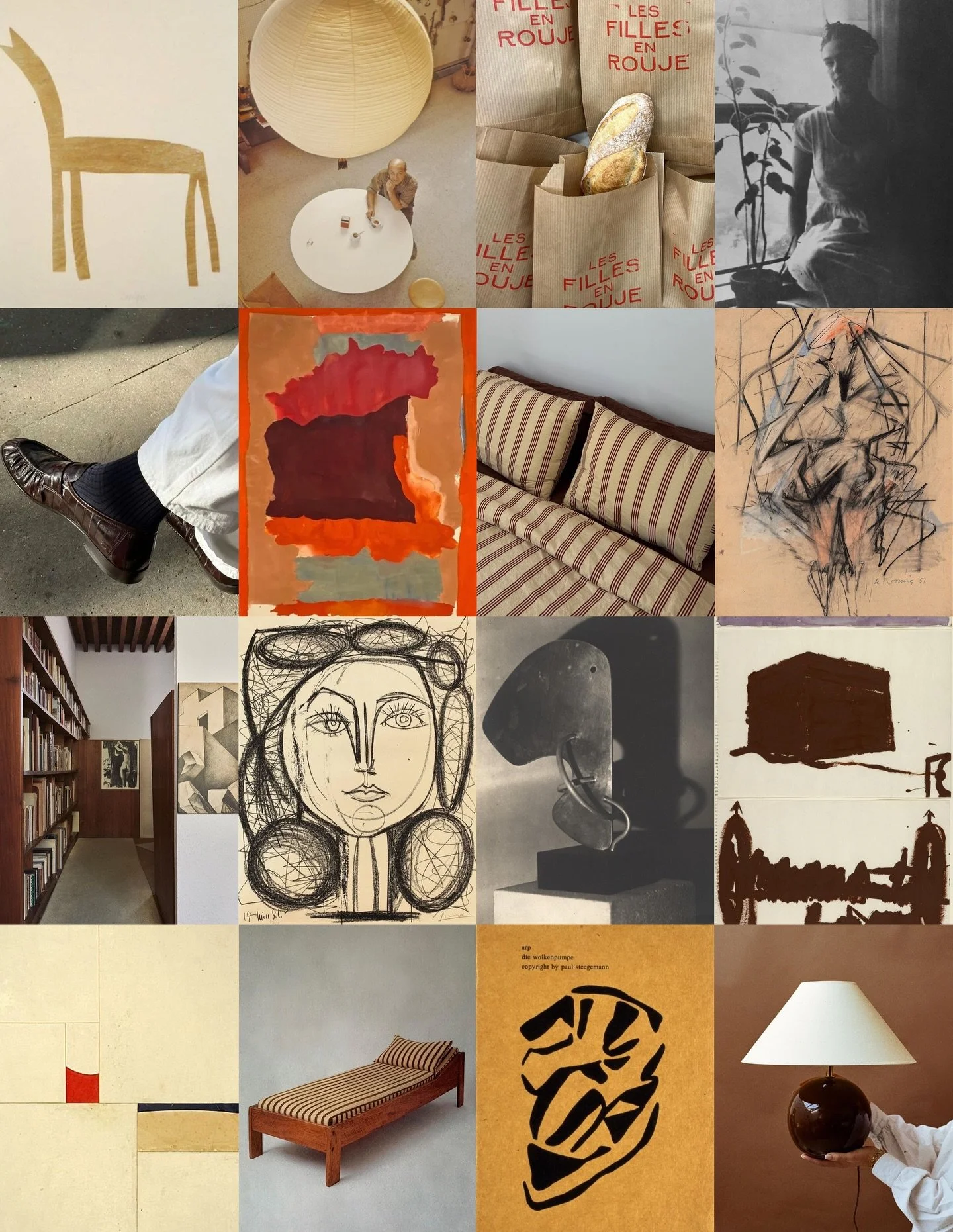 April Moodboard 🥖 Creamy brown and a pop of vermillion red. This palette is all about lines, art and organic shapes. Wood accents, mid-century design, film photography and furniture silhouettes.. A classic combo that brings inspiration for design an