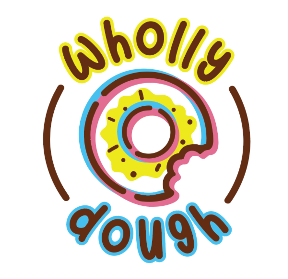 Colorful donut with pink, yellow, and blue icing, surrounded by the phrase 'wholly' upside down and right side up.