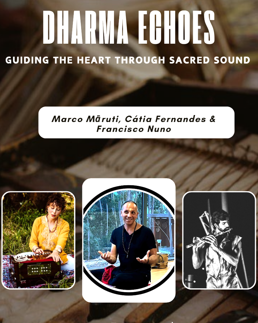 Book cover titled 'Dharma Echoes: Guiding the Heart Through Sacred Sound' featuring photos of Marco Mãuri, Cátia Fernandes, and Francisco Nuno, with jungle and musical instrument backgrounds.