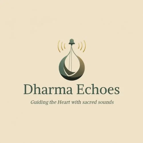 Logo for Dharma Echoes with a stylized bell and sound waves, and the tagline 'Guiding the Heart with sacred sounds'.