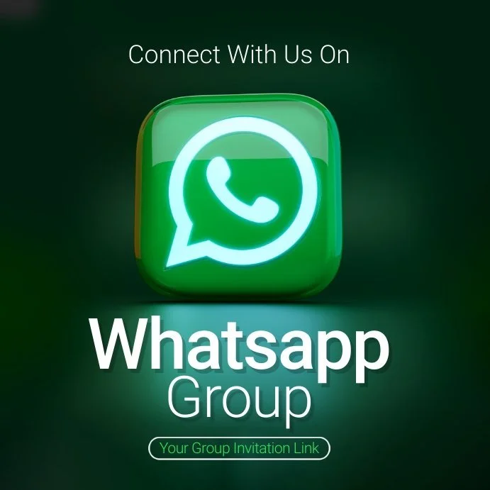 Green WhatsApp icon with text inviting to connect and join a WhatsApp group, including a placeholder link for the group invitation.