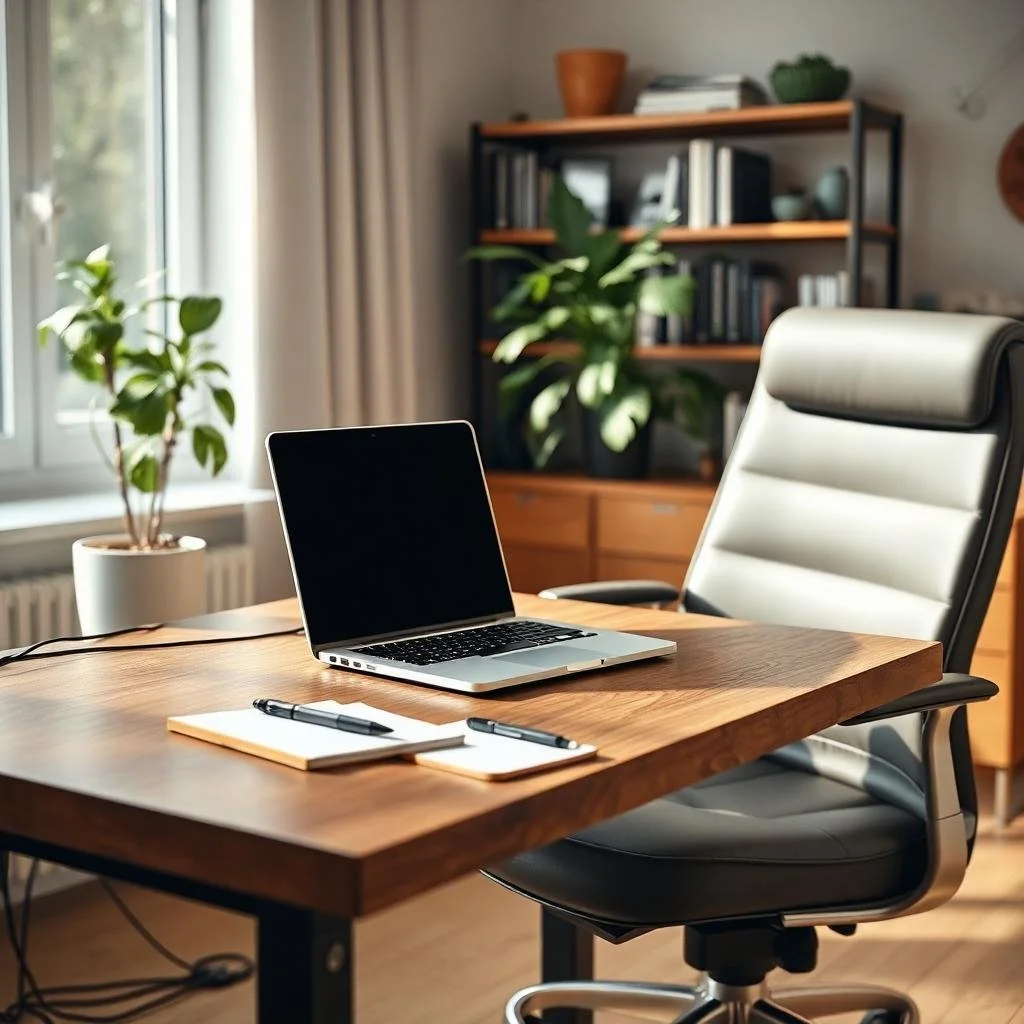 A modern home office with a wooden desk, an open laptop, a notepad with a pen, and a black office chair. There are two indoor plants near a window and a bookshelf with books and decorative items in the background.