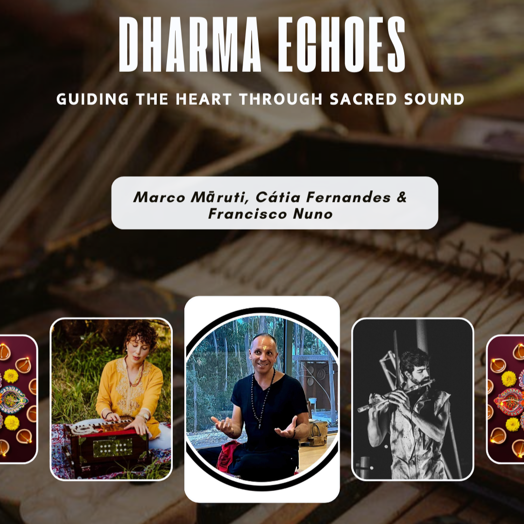 The cover of a book titled 'Dharma Echoes: Guiding the Heart Through Sacred Sound' by Marco Mäurti, Cátia Fernandes, and Francisco Nuno. The cover features a background of musical instruments and images of four individuals engaged with sound or music, including a person playing a stringed instrument, a person sitting outdoors with a sound machine, a person speaking or teaching, and a person playing a flute.
