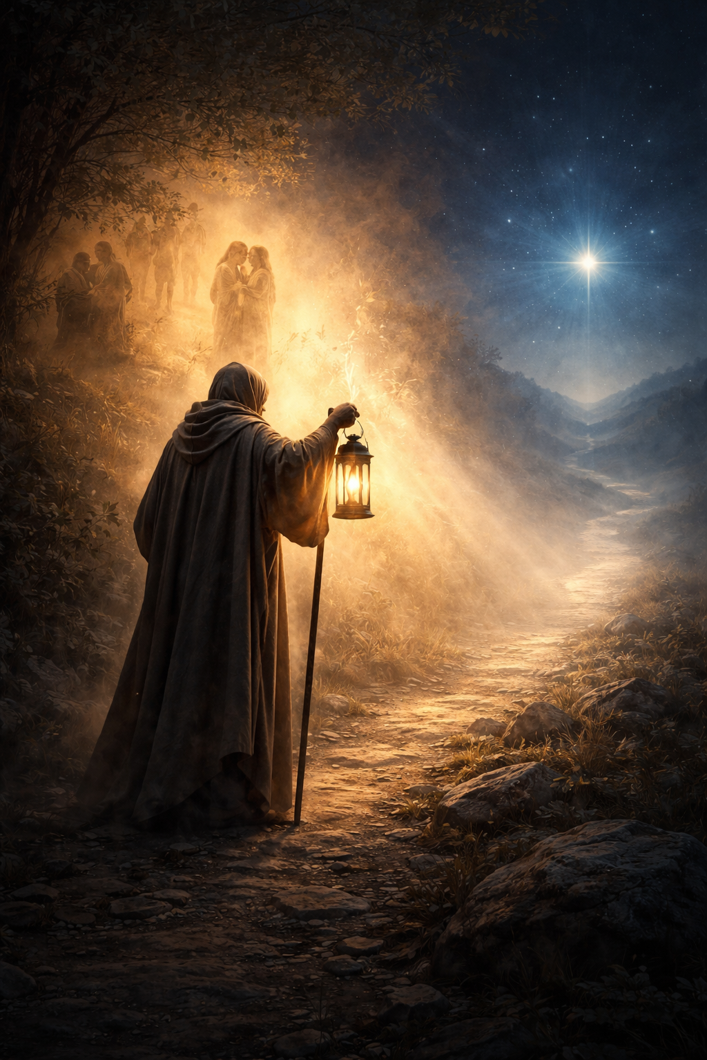 eremita che illumina il passato mentre il futuro si apre alla luce simbolo della trasformazione dopo una relazione finita