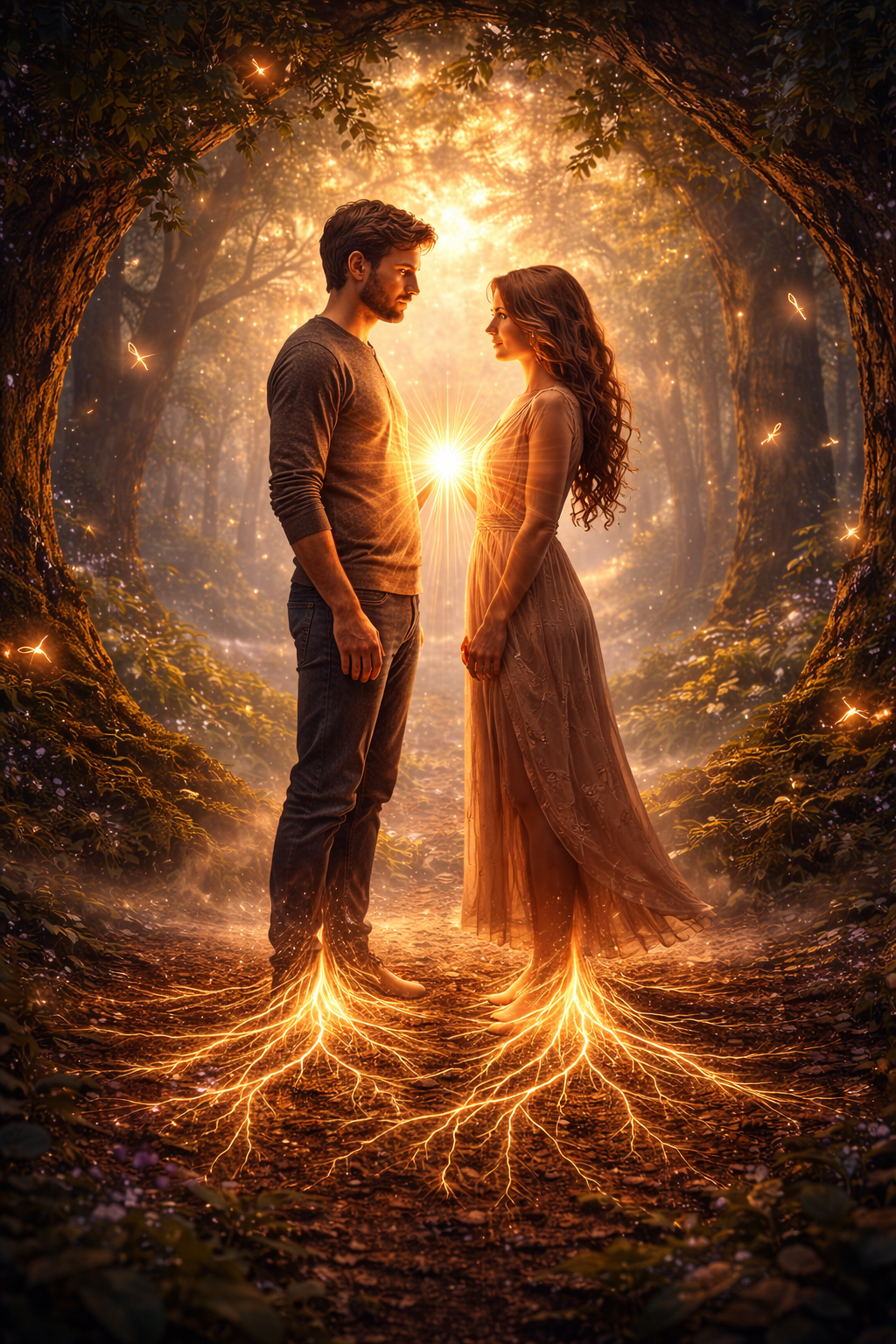 connessione energetica tra due persone radicate alla terra simbolo di legame karmico e percorso evolutivo nelle relazioni