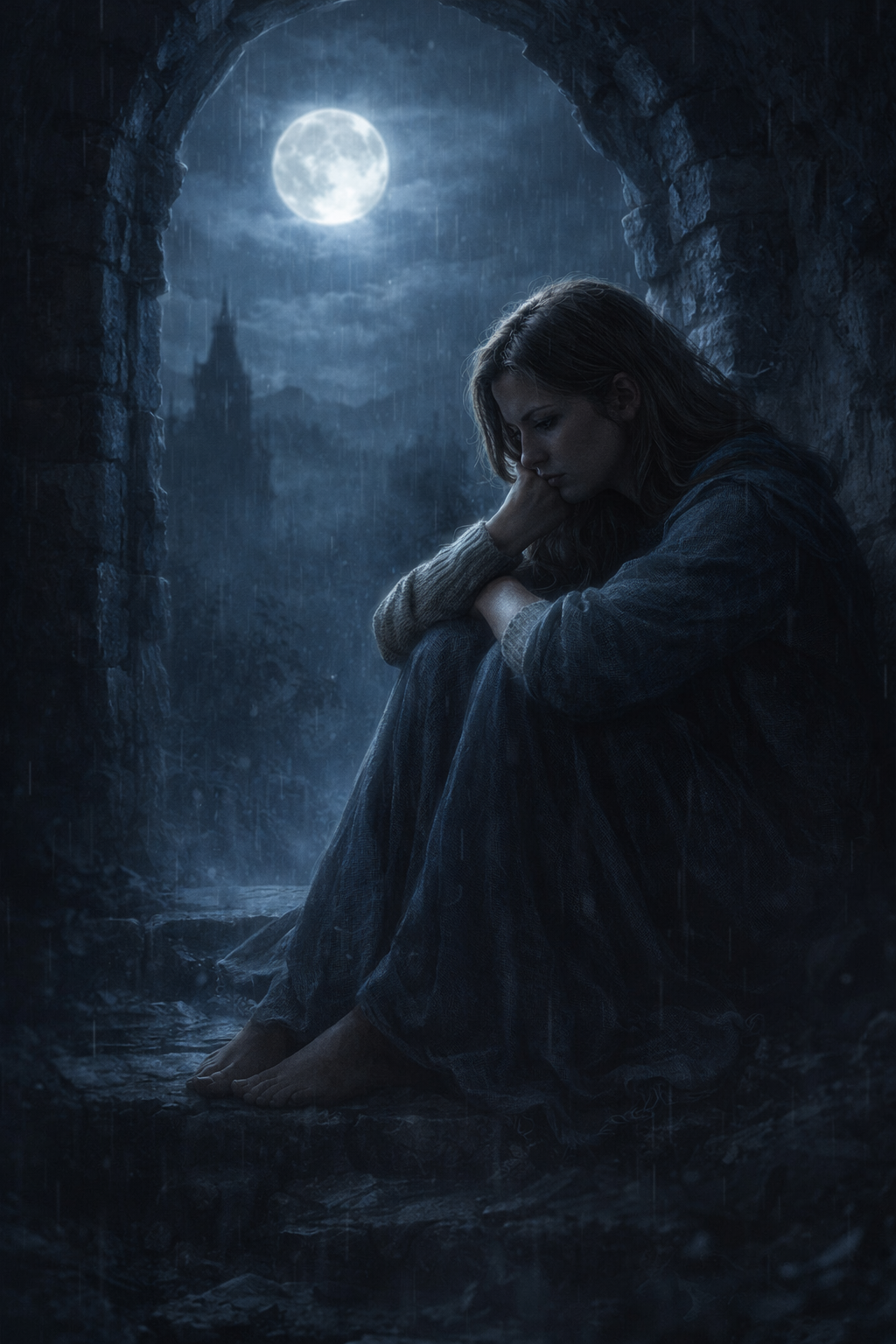 donna sola che riflette dopo una relazione finita difficoltà a superare una rottura sentimentale luna piena