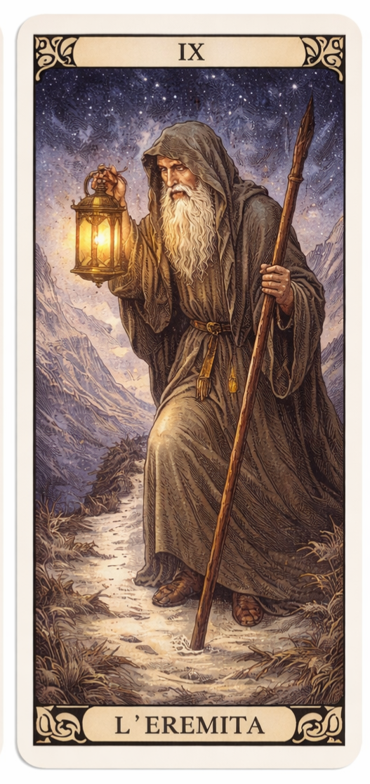 carta dei Tarocchi L’Eremita simbolo di introspezione e ritorno a sé, rilettura del passato da altra prospettiva