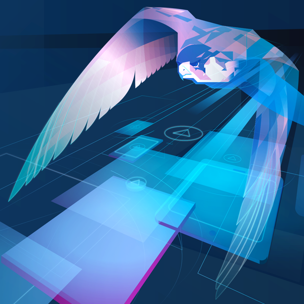 Abstract digital art of a wolf with outstretched wings, composed of geometric shapes and digital elements in shades of blue and purple.