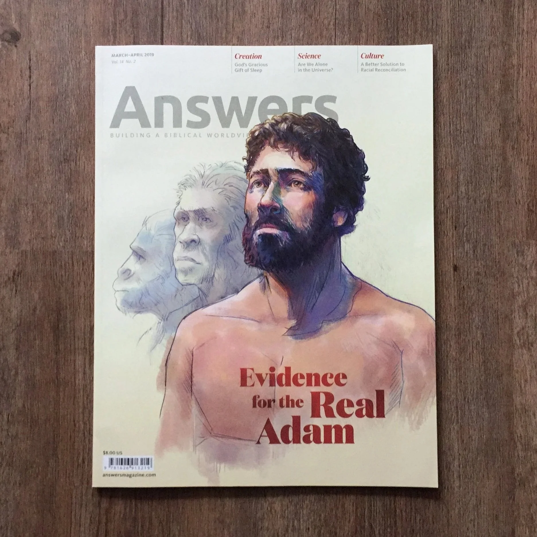 Magazine cover titled 'Answers' with illustrated portrait of a man with a beard and two other historical figures in faint outlines in the background, and the headline 'Evidence for the Real Adam'.