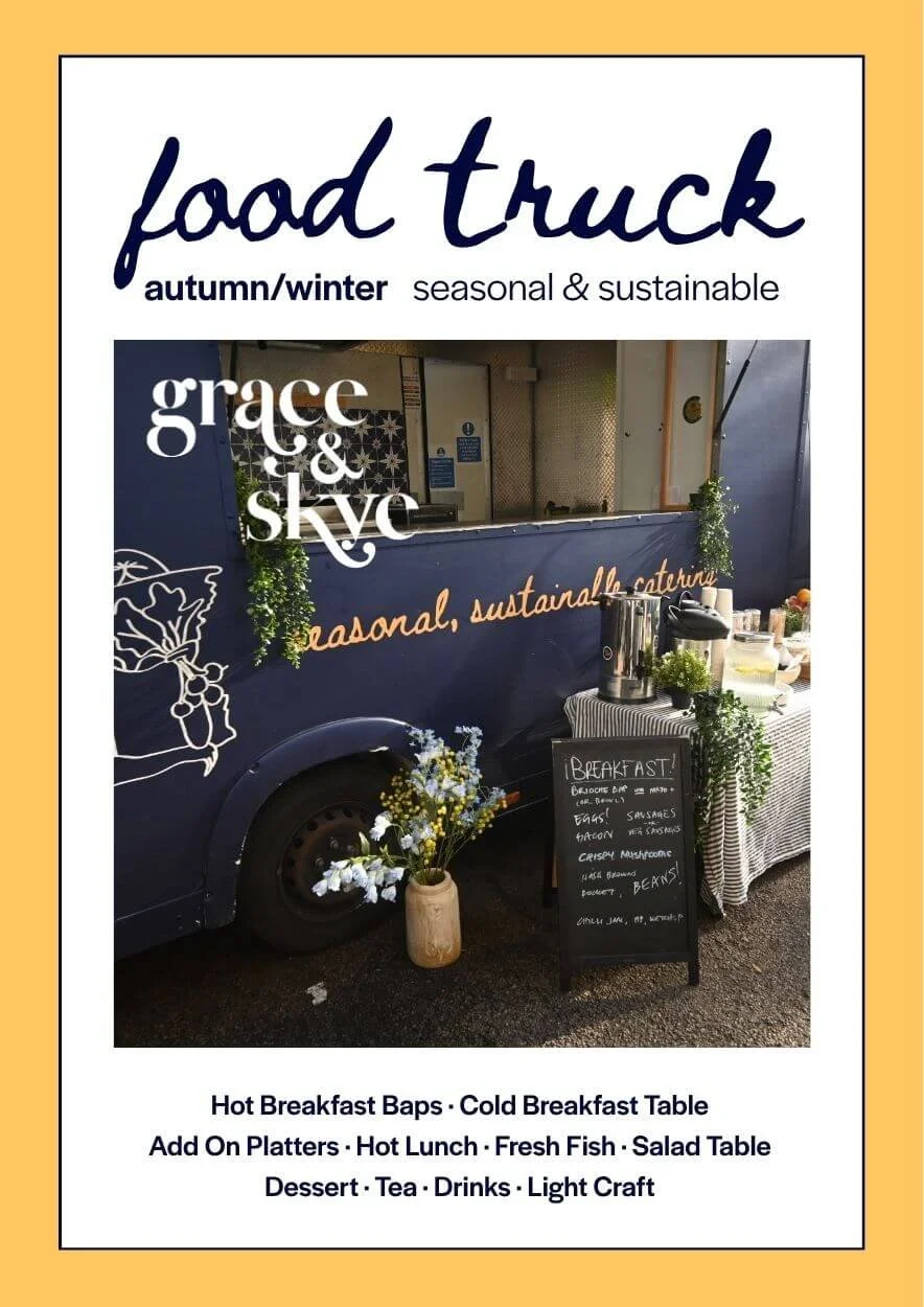 A menu cover: food truck, autumn/winter seasonal sustainable catering. Including breakfast, lunch & dinner