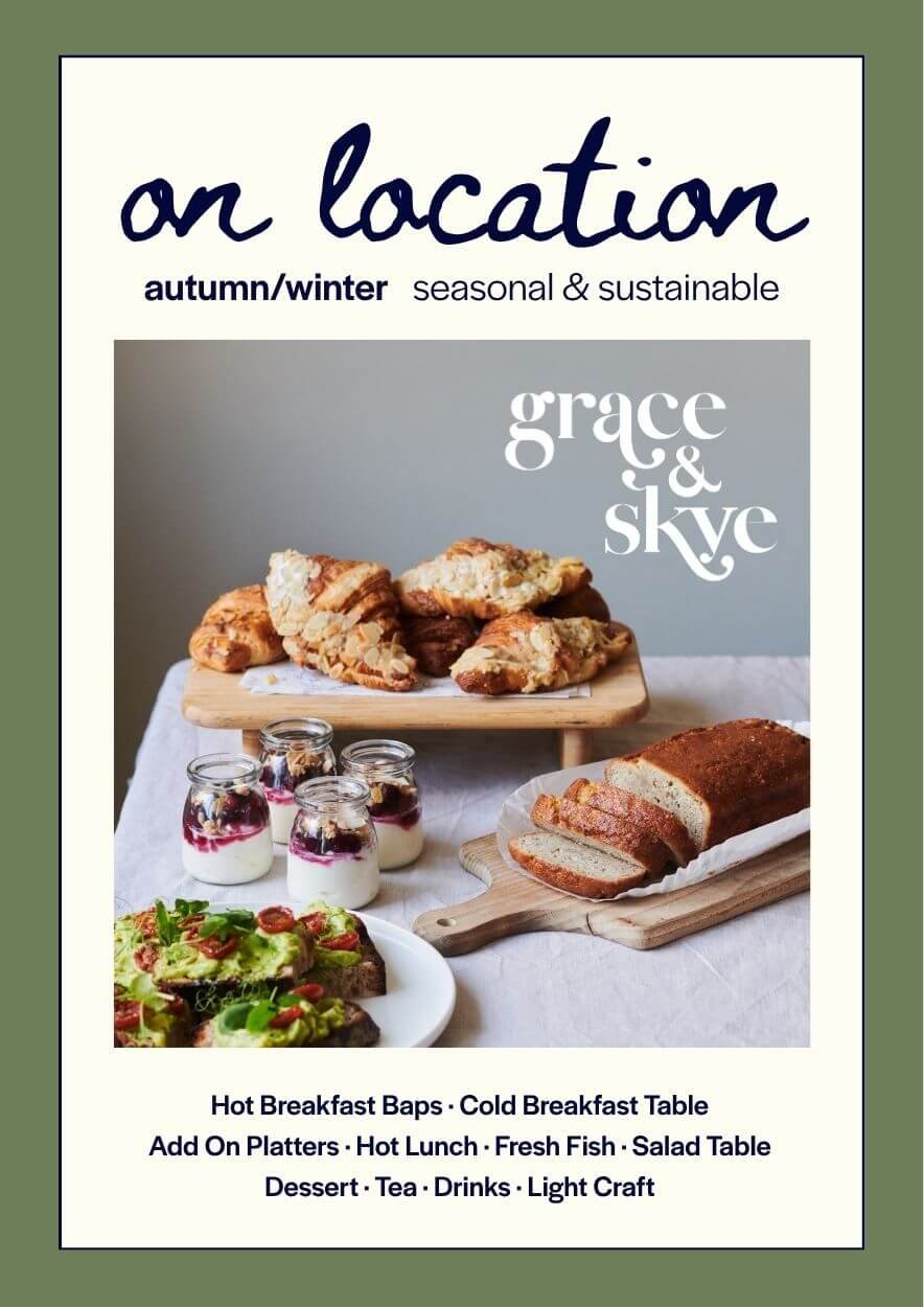 A menu cover: on location autumn/winter seasonal sustainable catering. Including breakfast, lunch & dinner