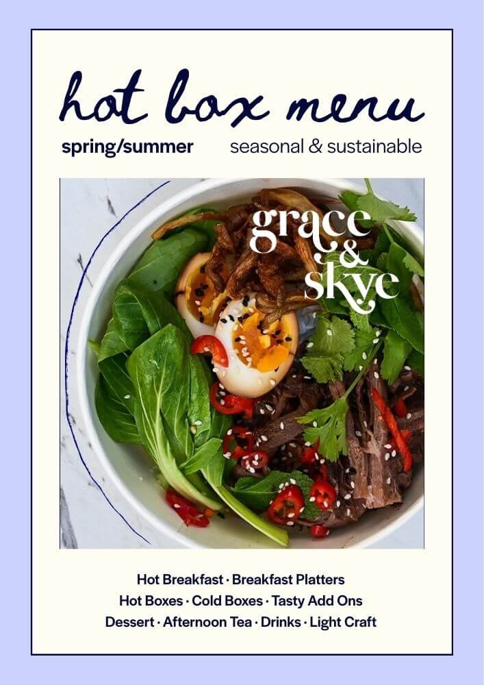 A menu for spring and summer hot box meals featuring salads with boiled eggs, greens, shredded meat, and vegetables, offered by Grace & Skye.