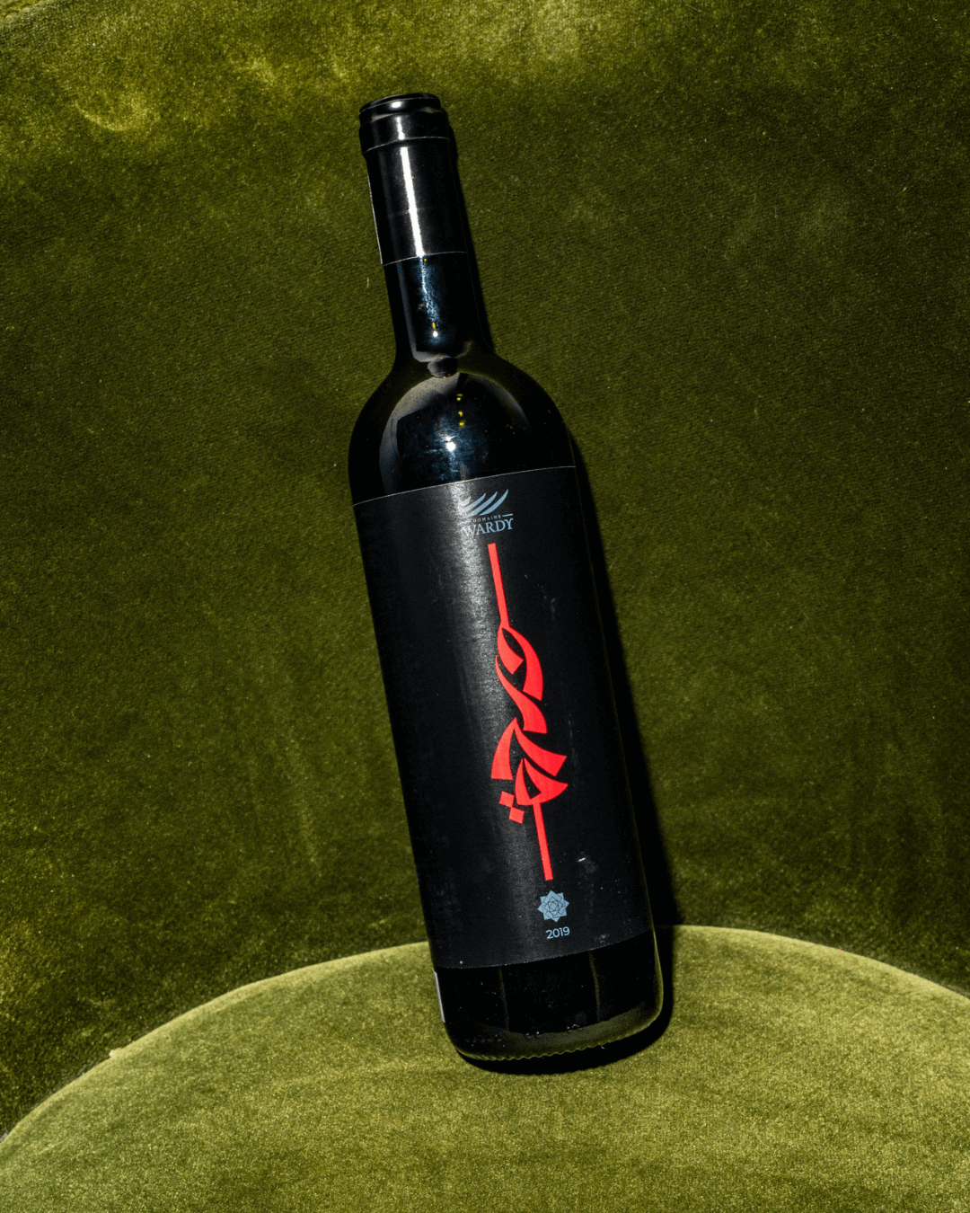 A black wine bottle on a green surface for a special workplace catering events