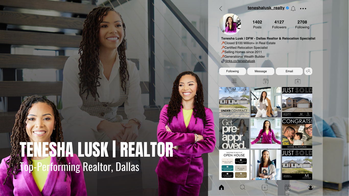 Instagram profile page of Tenesha Lusk, a realtor and relocation specialist in Dallas with 1,402 posts, 4,127 followers, and 2,708 following. The profile features images of her real estate activities, open house events, sold signs, and her profession
