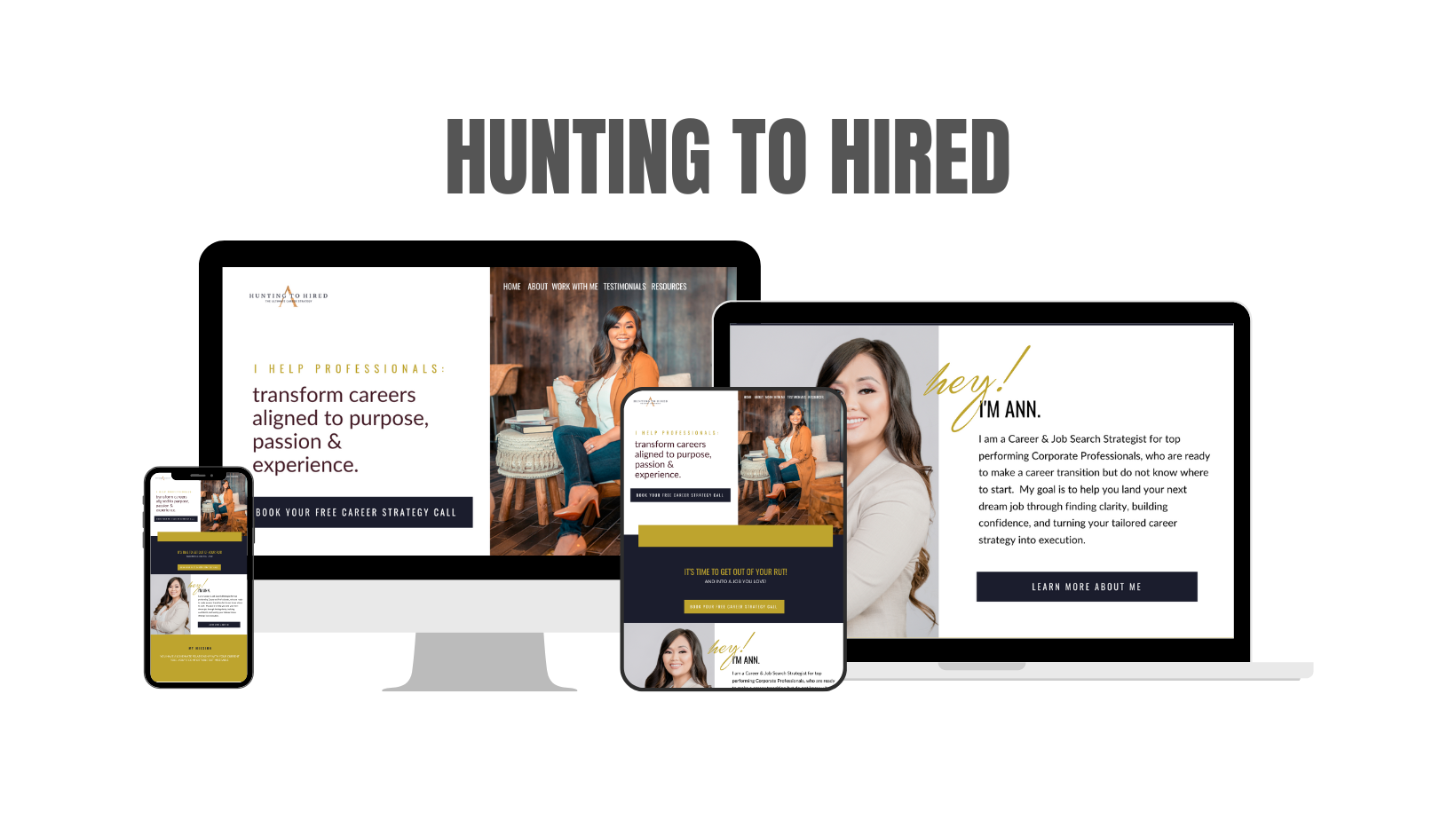 Responsive website design displayed on various devices including a smartphone, tablet, and laptop screens. The website features a professional woman smiling, with text about transforming careers and career strategy consulting.