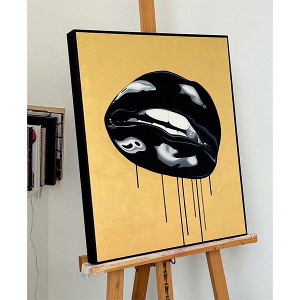  Medium : Oil on wood panel with 24 carat gold leaf  Framed ; Yes, black ink stained wood  Framed dimensions : 51cm x 61cm x 5cm