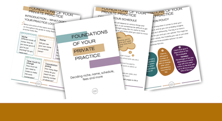 Some example pages in the workbook, including what your practice looks like, deciding your schedule, and different cancellation policies