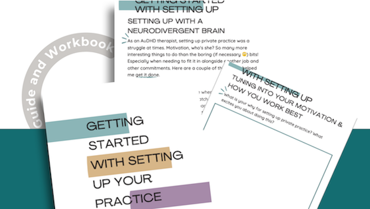 Some example pages in the workbook, including setting up with a neurodivergent brain and tuning into your motivation