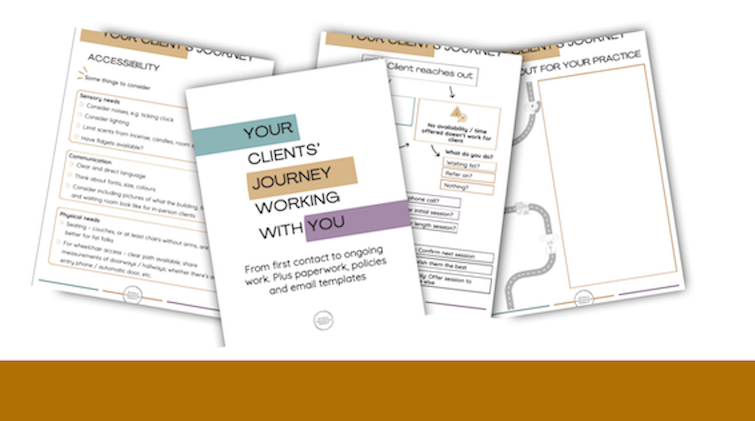 Some example pages in the workbook, including client journey flow chart and accessibility
