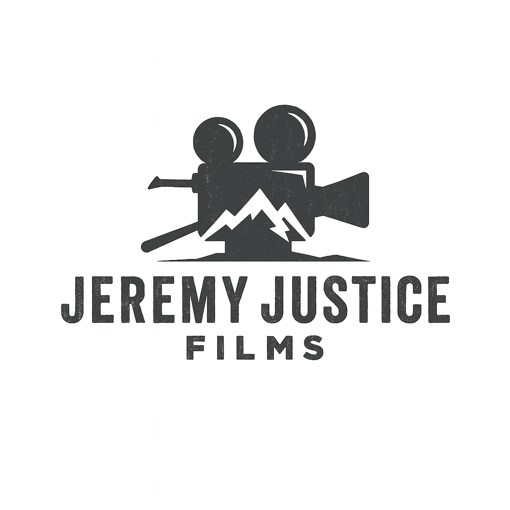 A black and white logo featuring a vintage film camera with mountains in the background and the text "Jeremy Justice Films" below.