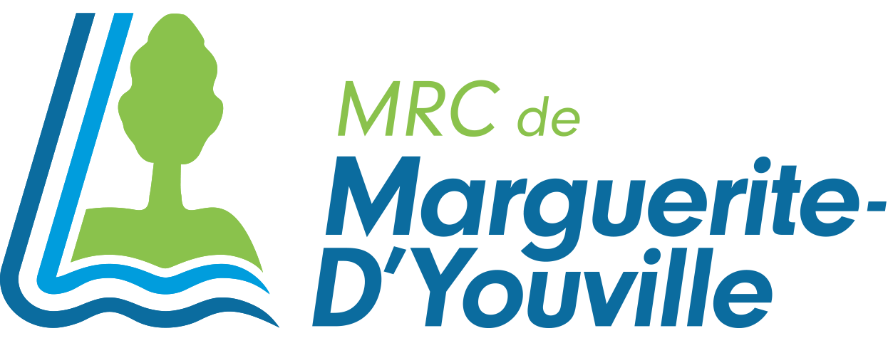 Logo de la Mairie de Marguerite-d'Youville avec un arbre, une vague et un livre stylisés.